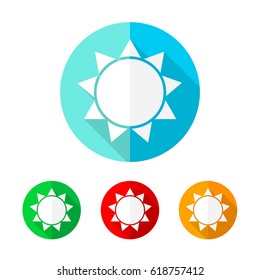 Set of colored circles with sun icon. White sun with long shadow. Vector illustration. 