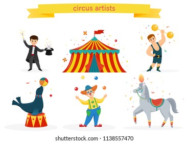 A set of colored circus artists. Circus performers perform tricks.Flat cartoon style. Vector illustration