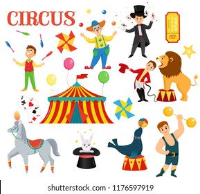 A set of colored circus artists. Circus performers perform tricks.Flat cartoon style. Vector illustration