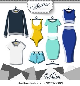 Set of colored clothes to create design on white background.