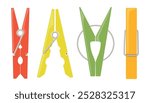 Set of colored clothespins in cartoon style. Vector illustration of cute clothespins: green,red,yellow,blue,orange isolated on white background. Clamps for household use. Accessories for the bathroom.