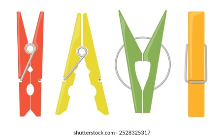 Set of colored clothespins in cartoon style. Vector illustration of cute clothespins: green,red,yellow,blue,orange isolated on white background. Clamps for household use. Accessories for the bathroom.