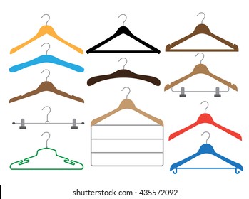 Set of colored coat hangers on the white background. Isolated different hangers collection. Vector illustration. Flat fashion wardrobe