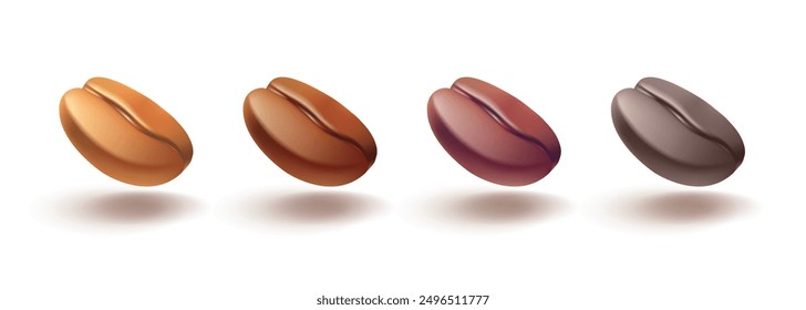 Set of colored coffee beans, 3D. Level coffee roasting. Realistic beautiful beans for coffee products and drinks concepts. Vector illustration.