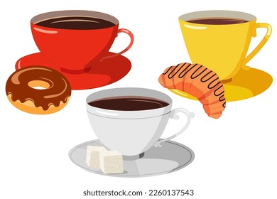 Set of colored coffee cups with delicious bakung and sugar cubes. Vector illustration for food and drink design.