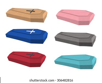 Set colored coffins. Vector illustration of accessories for burial.

