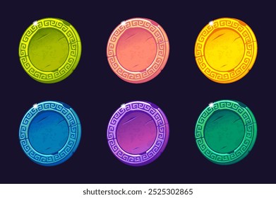 Set of colored coins with ornament. Blank coins template for your design. Blank medals. Round icons for 2D game or slots