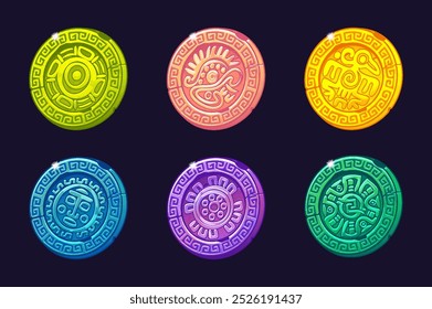 Conjunto de monedas de colores con adornos y símbolos de la antigua civilización azteca, jeroglíficos de colores del calendario maya para el desarrollo de Juegos 2D y Casino o Ranuras.