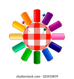 set of colored, colorful yarn, fabric in a cage and needles. color illustration