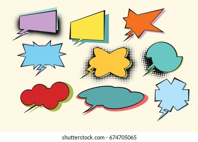 set of colored comic bubbles with halftone effect. Pop art retro vector illustration