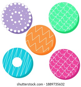 A set of colored cookies, with glaze and different patterns. Shortbread cookies. Father in law, simple vector illustration.