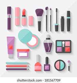 Set of colored cosmetics icons in flat style.