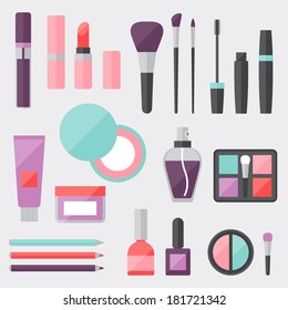 Set of colored cosmetics icons in flat style.