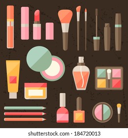 Set of colored cosmetics icons in flat style.