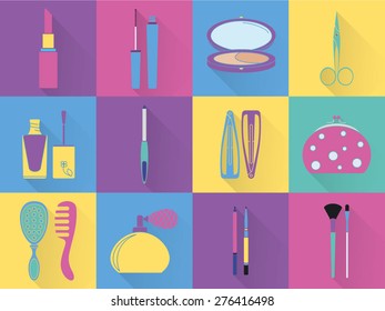 Set of colored cosmetics icons in flat style. Make up vector illustration.