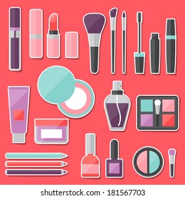 Set of colored cosmetics sticker icons.