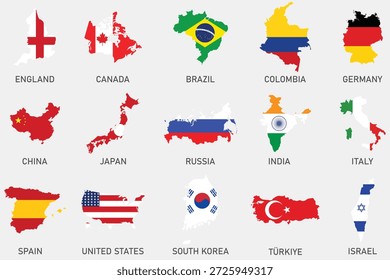 Conjunto de mapas de país de colores con banderas de Vector. Mapa internacional del país Países Banderas Conjunto de Vectores de iconos de Colección. Países del mundo Mapas con banderas. Mapa mundial con banderas de diferentes países. 