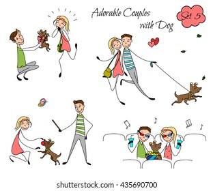 Set of colored couples in the sketch style. Characters in different situations. Couples playing with their dog, sitting at the cinema. Boyfriend with girlfriend in love. hand drawn Vector illustration