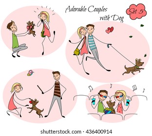 Set of colored couples in the sketch style. Characters in different situations. Couples playing with their dog, sitting at the cinema. Boyfriend with girlfriend in love. hand drawn Vector illustration