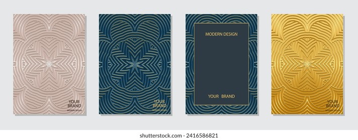 Set of colored covers, exotic vertical templates. A collection of relief, geometric backgrounds with ethnic 3D patterns. Ornamental unique creativity of the East, Asia, India, Mexico, Aztec, Peru.