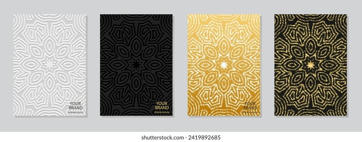 Set of colored covers, floral vertical templates. A collection of relief, geometric backgrounds with ethnic 3D patterns. Folk art of the East, Asia, India, Mexico, Aztec, Peru.