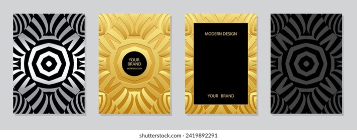Set of colored covers, fractal vertical patterns. A collection of relief, geometric backgrounds with ethnic 3D patterns. Unique folk art of the East, Asia, India, Mexico, Aztec, Peru.