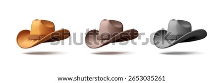 Set of colored cowboy hats, 3D. Cool cowboy outfit, symbol of Texas, bravery, strength, courage. Graphic elements. Vector illustration.