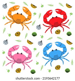 Set of colored crab with big claws. Seafood with lemon slices, garlic and rosemary. Crab dish with herbs hand drawn illustration. Seafood meal menu