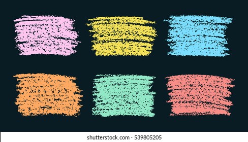 Set of colored crayon pastel chalk design elements on black. Hand drawn background. Vector crayon texture. 