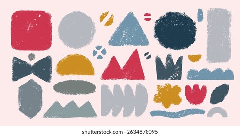 Conjunto de formas coloridas de giz de cera. Abstrato mão desenhado formas retrô estranhas com giz de cera, giz ou carvão textura desenhada manual no papel. Vetor negrito formas groovy em estilo de desenho de giz de cera na moda.