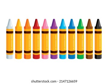 Set of colored crayons in a row icon vector. Colored crayons icon set vector isolated on a white background. Art supplies icons. Drawing tools vector