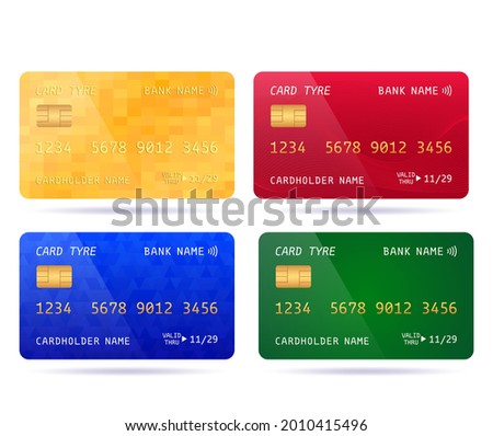 set of colored credit cards with different designs. golden unlimited card vector illustration isolated on white background