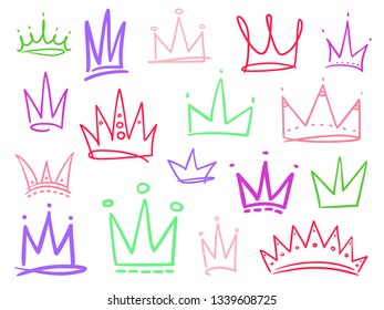 Set of colored crowns on white. Signs for design. Hand drawn simple objects. Line art. Colorful illustration. Sketchy elements for posters and flyers