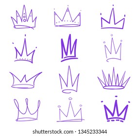 Set of colored crowns on white. Signs for design. Hand drawn simple objects. Line art. Colorful illustration. Sketchy elements for posters and flyers