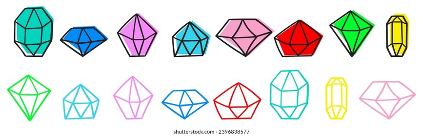 Satz von farbigen und kristallisierten Elementen. Flat, Umriss-Design. handgezeichnete Vektorsymbole. Illustrationen auf weißem Hintergrund. Das Beste für Spieldesign oder Quests.