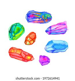 set of colored crystals, minerals moonstone, agate, amethyst, quartz. watercolor art
