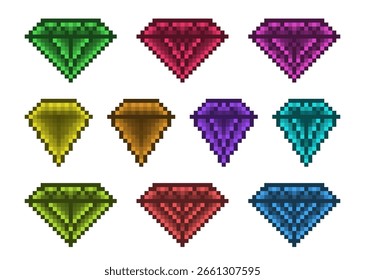 Conjunto de cristais coloridos no estilo pixel em fundo branco.