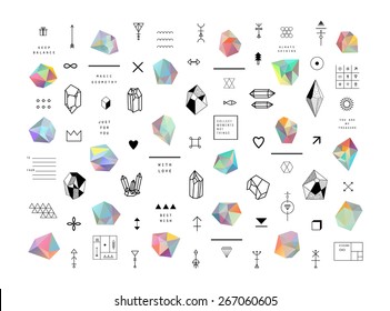 Set of colored crystals in polygon style with geometric shapes.Trendy hipster retro backgrounds and logotypes