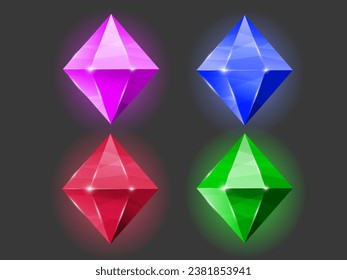 Set of colored crystals, purple crystal, blue crystal, red crystal, green crystal, isolated