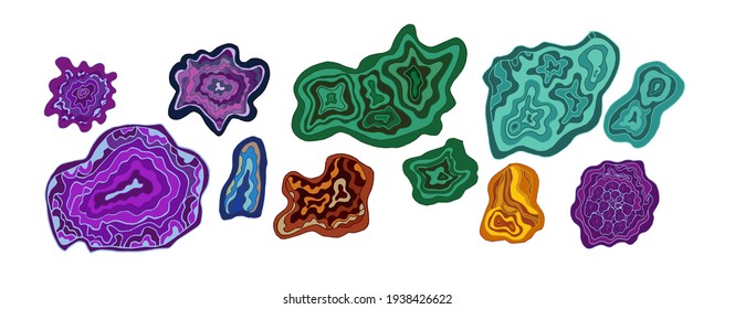 Set of colored crystals of sapphire, lapis lazuli, emerald, ruby, amethyst, topaz, cubic zirconia in the section. Vector illustration of a collection of minerals isolated . Alternative medicine.