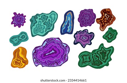 Set of colored crystals of sapphire, lapis lazuli, emerald, ruby, amethyst, topaz, cubic zirconia in the section. Vector illustration of a collection of minerals isolated . Alternative medicine.