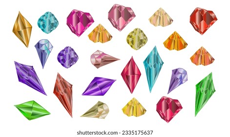 Set of colored crystals of sapphire, lapis lazuli, emerald, ruby, amethyst, topaz, cubic zirconia. Vector illustration of a collection of minerals isolated on a white background.Alternative medicine. 