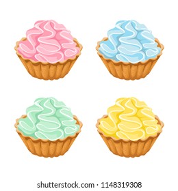 Set of colored cupcakes isolated on white background. Vector illustration of sweet desserts in a flat style.