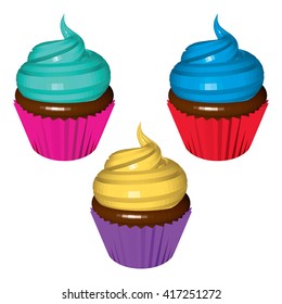 Set of Colored Cupcakes Isolated on White. Low Poly Realistic Vector Illustration.