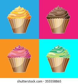 Set of Colored Cupcakes Vector Pop Art Style Illustration