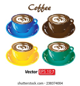 set colored cups of coffee chocolate brown blue yellow green,  isolated on white background icon vector illustration