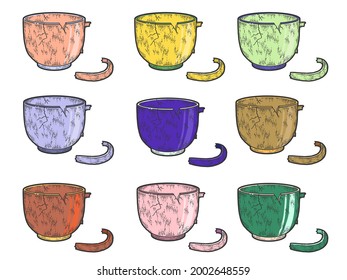 Set of colored cups. Crockery, broken cup. Sketch scratch board imitation.