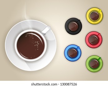 a set of colored cups and saucers