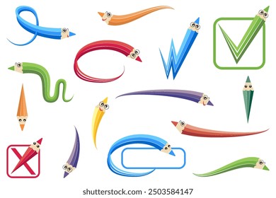 Set of colored curved pencils. Different curved arrows, swirls, crosses, circles and check marks. Cartoon character on a white background.
