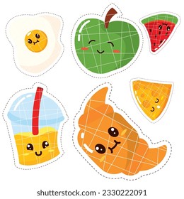 Set of colored cute food emoji icons Vector